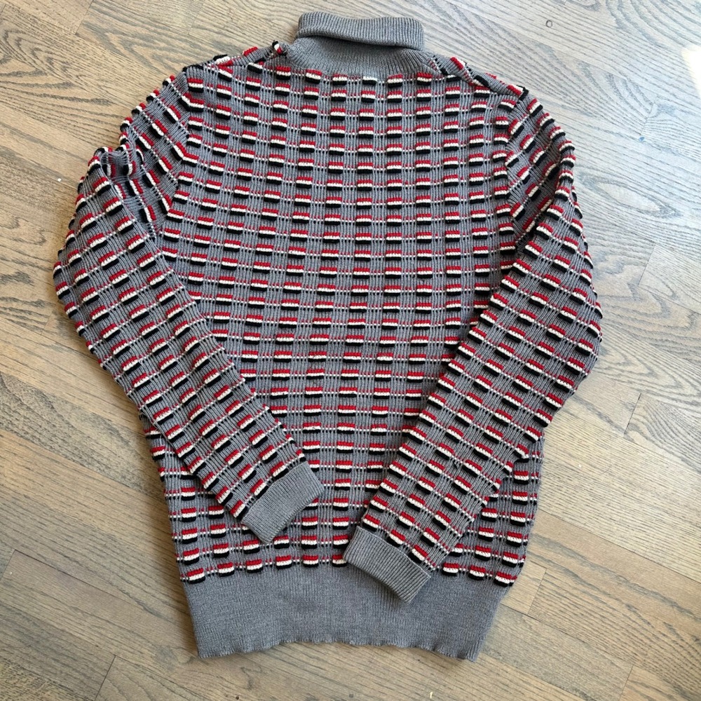 VTG Gino Paoli Italy 100% Wool Turtleneck Sweater Textured Red White Black Check